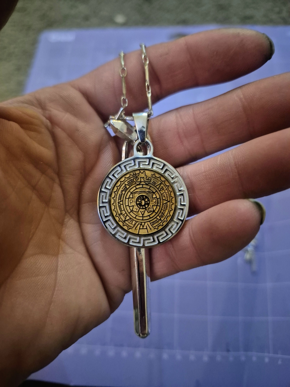 Source Unknown Gold and Silver Aztec Medallion Pendant Necklace